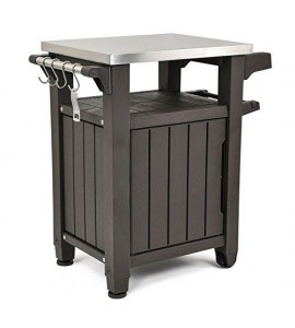 Keter Unity Portable Outdoor Table and Storage Cabinet with Hooks for Grill Accessories-Stainless Steel Top for Patio Kitchen Island or Bar Cart, Espresso Brown