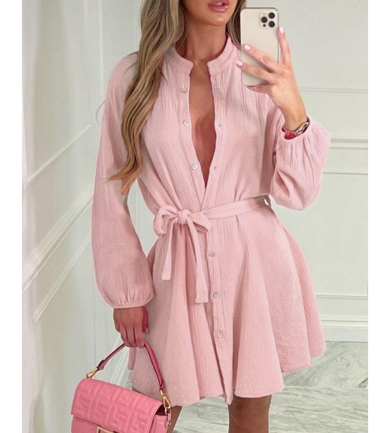 Buttoned Tied Detail Lantern Sleeve Casual Dress