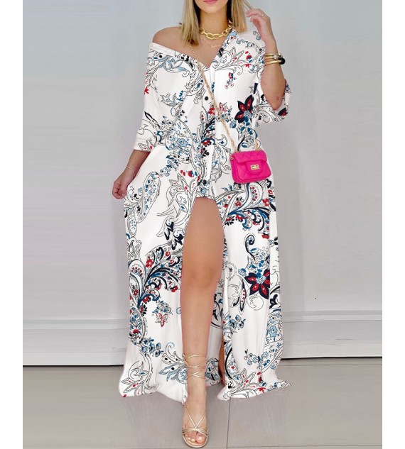 Floral Print Button Up High Slit Shirt Dress 3/4 Sleeve Maxi Dress