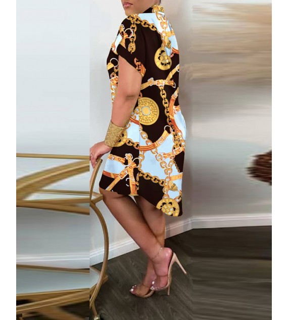 Chain Print Roll Up Sleeve Shirt Dress Casual Short Sleeve Loose Dress