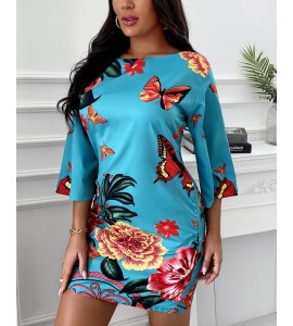 Half Sleeve Butterfly Floral Print Dress