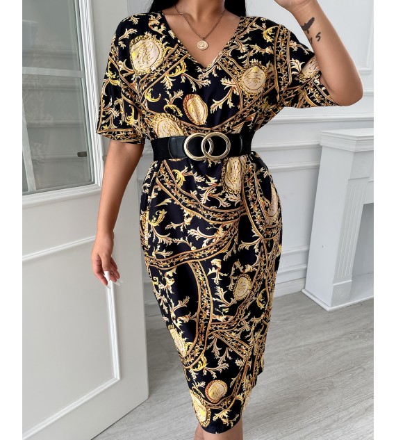 Baroque All Over Print V-Neck Casual Dress