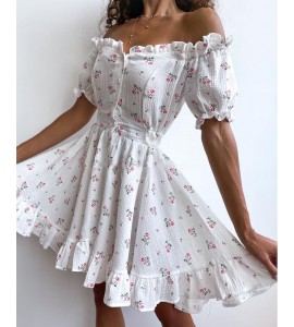 Off Shoulder Frill Hem Ditsy Floral Print Dress