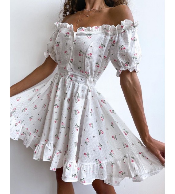 Off Shoulder Frill Hem Ditsy Floral Print Dress