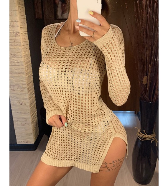 Long Sleeve Hollow Out Slit Cover Up Dress