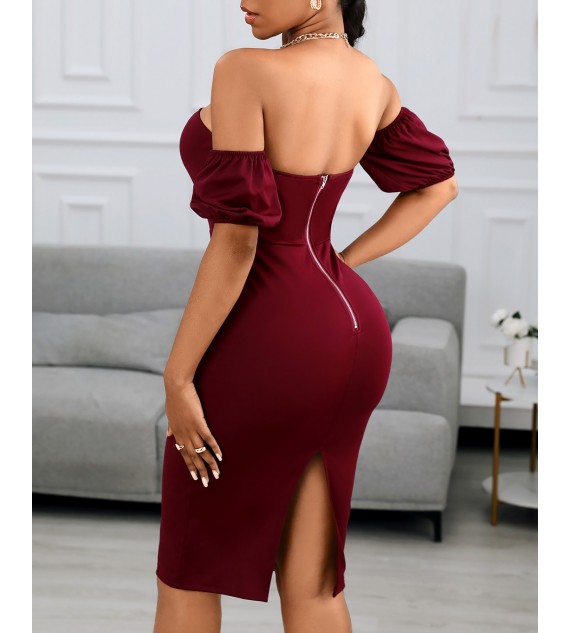 Off Shoulder Plain Zipper Design Back Slit Women Dress