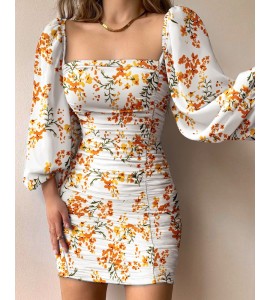 Floral Print Lantern Sleeve Ruched Bodycon Dress