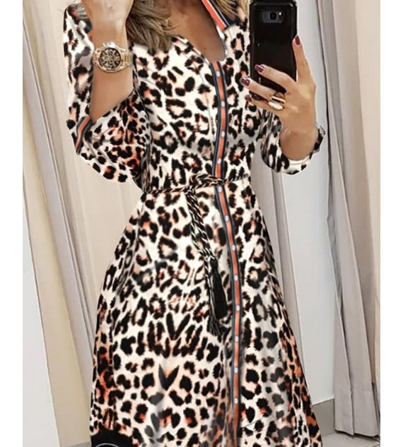 Striped Cheetah Print Button Front Asymmetrical Shirt Dress