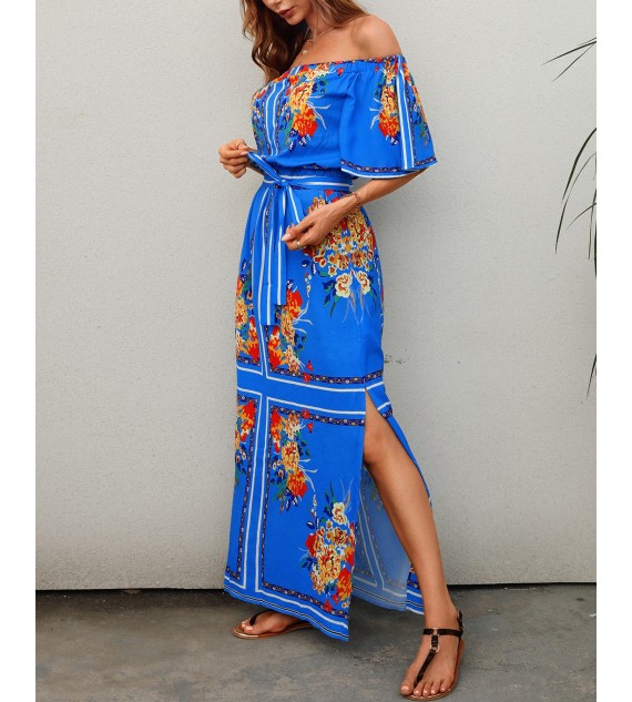 Off Shoulder High Slit Bell Sleeve Floral Print Maxi Dress