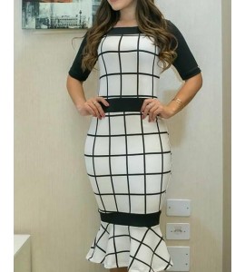 Contrast Color Grid Print Pep Hem Bodycon Dress