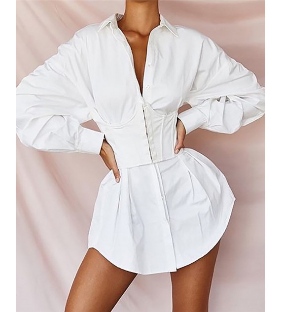 Lantern Sleeve Button Design Shirt Dress Without Corset