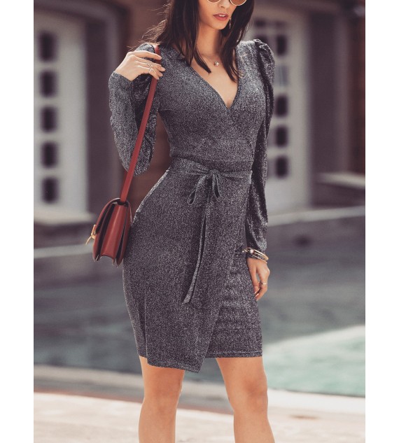 Glittering Tied Waist Wrap Bodycon Women Dress