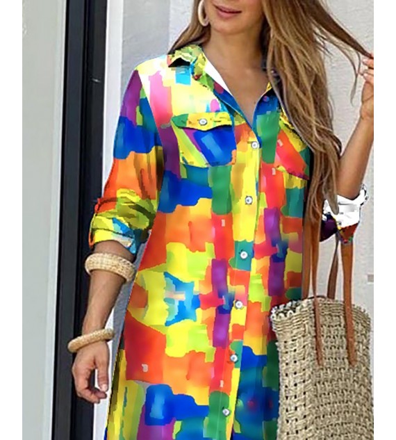 Color Pocket Design Slit Shirt Dress