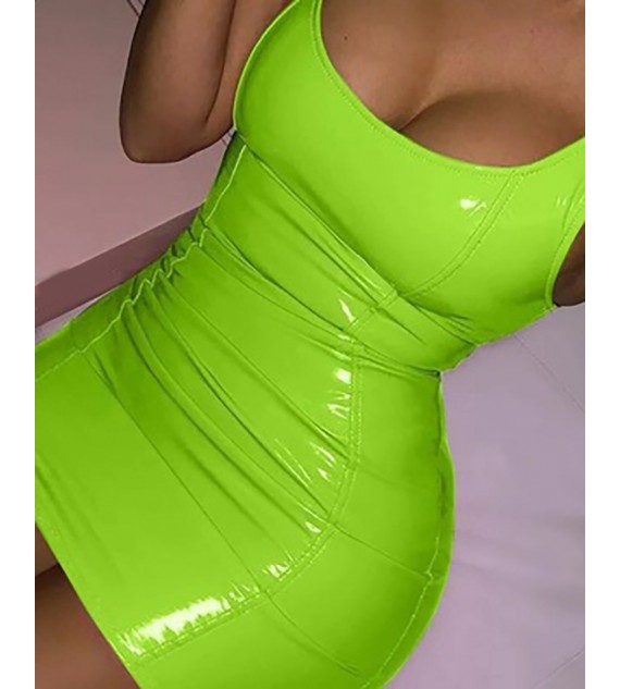 PU Leather Sleeveless Ruched ny Bodycon Dress