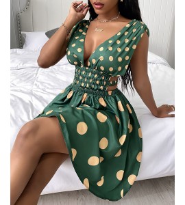 Cutout Waist Plunge Polkadot Print Dress