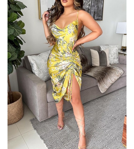 Satin Cowl Neck Drawstring Ruched Floral Print Dress