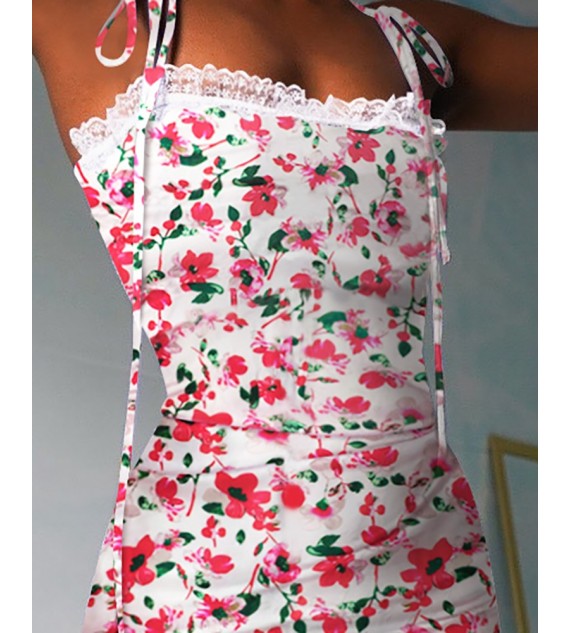 Tied Detail Lace Trim High Slit Knit Floral Print Dress