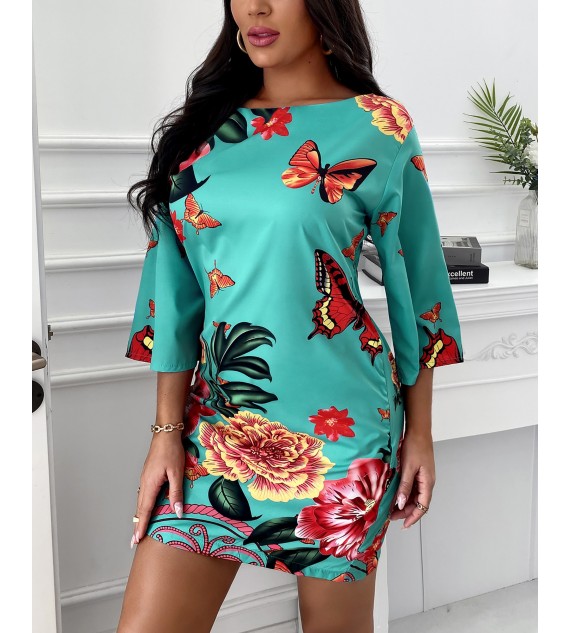 Half Sleeve Butterfly Floral Print Dress