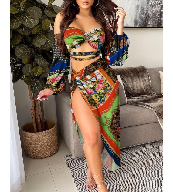 Baroque Print Twist Front Cut-Out Tube Top & Split Thigh Skirt Set