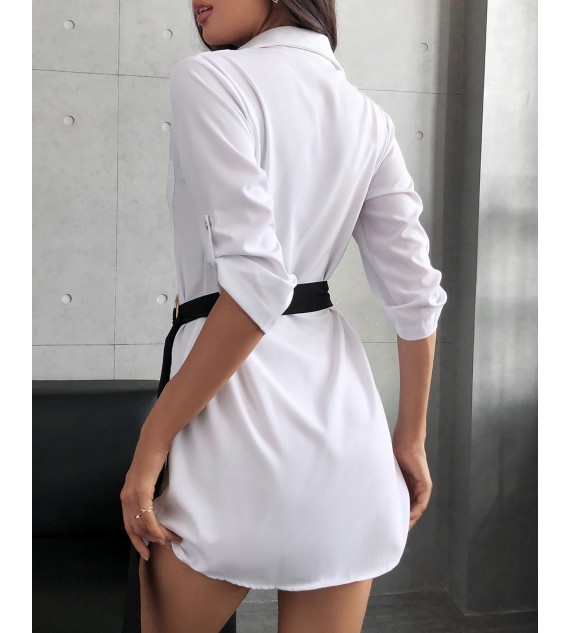 Button Front Half Sleeve Shirt Dress With Belt