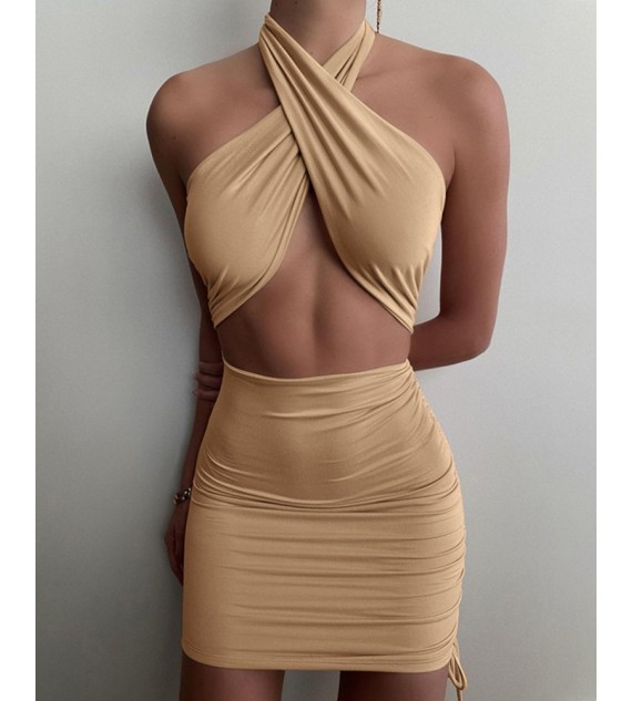 Solid Sleeveless Halter ny Cut-out Mini Dress