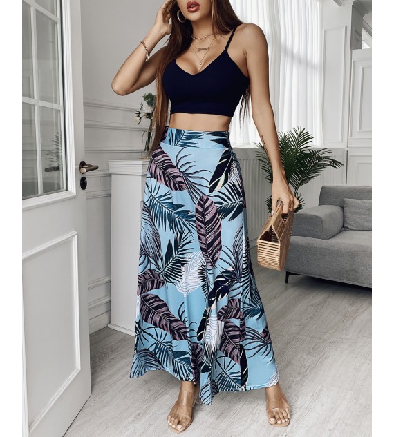 Sleeveless Spaghetti Strap Cami Crop Top & Tropical Print Maxi Skirt Sets Casual Beach Wear Two Piece Suits