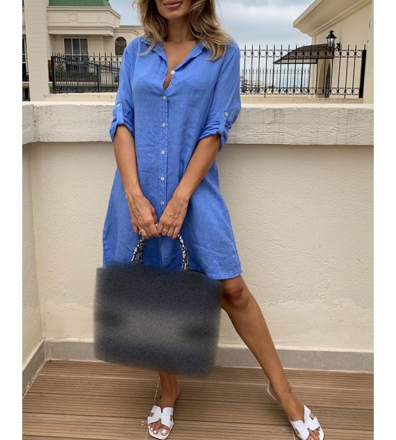 Button Pocket Design Long Sleeve Shirt Dress