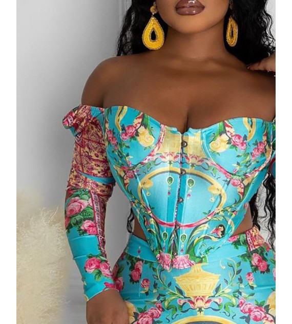 Off Shoulder Floral Print Corset Top & Skirt Set