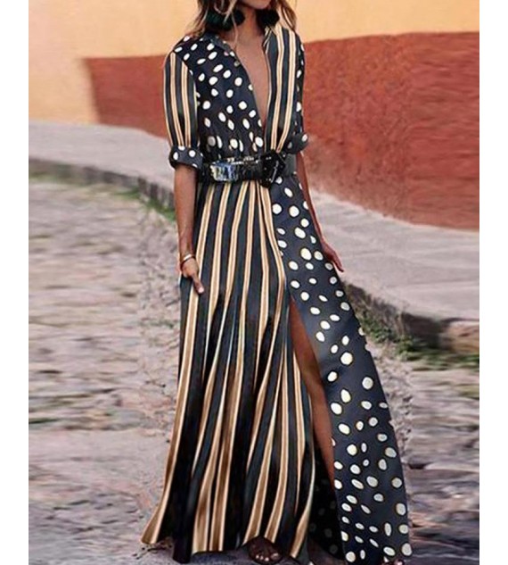 Dots & Stripes Plunge Slit Maxi Women Dress