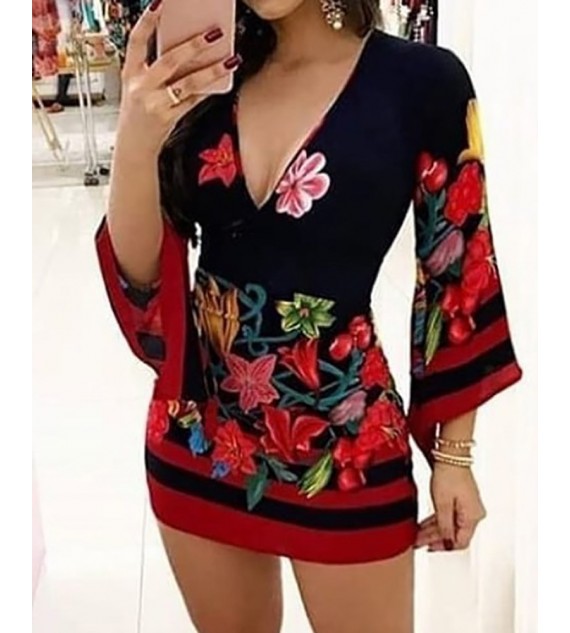 Plunge Bell Sleeve Floral Print Dress