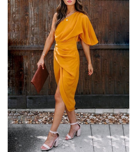 One Shoulder Ruched Bell Sleeve Dress