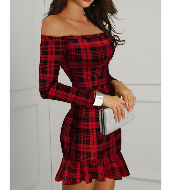 Off Shouldet Ruffle Hem Plaid Long Sleeve Women Dress
