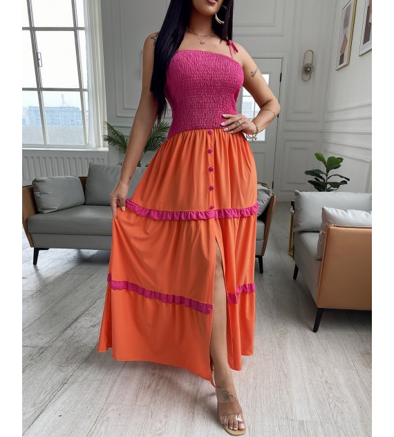 Shirred Frill Hem Buttoned Slit Color Maxi Dress