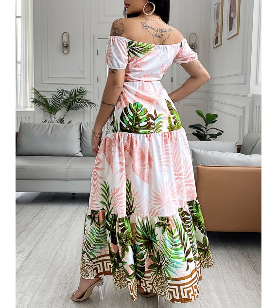 Tropical Print Hollow-out Design Off Shoulder V Neck Maxi Dress