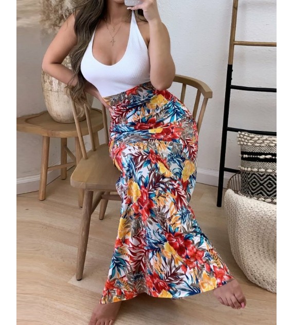 Tropical Print Patch Halter Sleeveless Maxi Dress