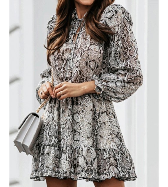 Snake Print Tied Detail Lantern Sleeve Dress