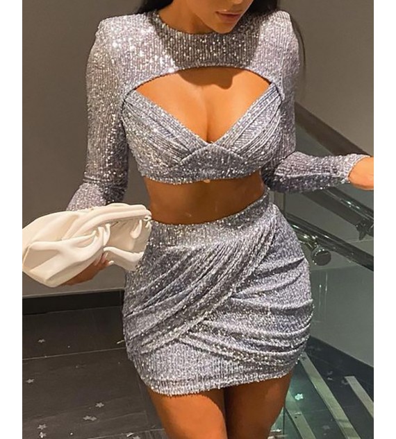 Sequins Cutout Front Crop Top & Ruched Skirt Set