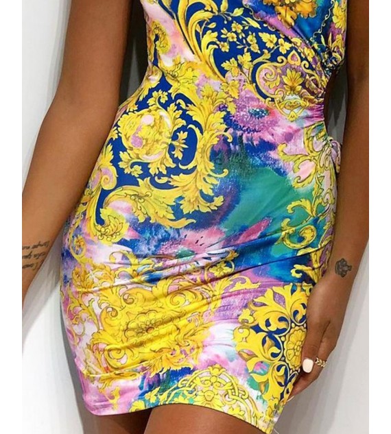 All Over Print One Shoulder Drawstring Ruched Mini Dress