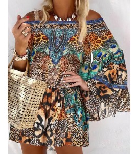 Off Shoulder Animal / Leopard Print Long Sleeve Dress Casual Loose Summer Vacation Dress