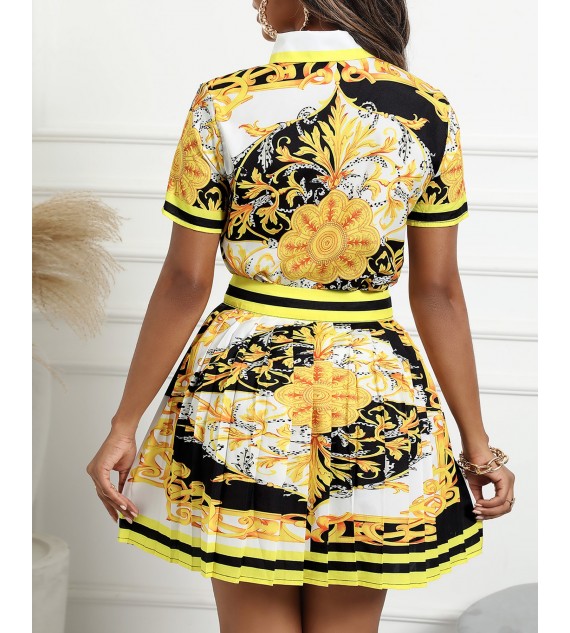 Scarf Print Short Sleeve Top & Pleated Skirt Set