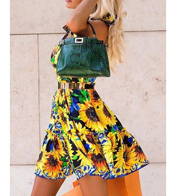 Tied Detail Sunflower Print Dress Without Belt
