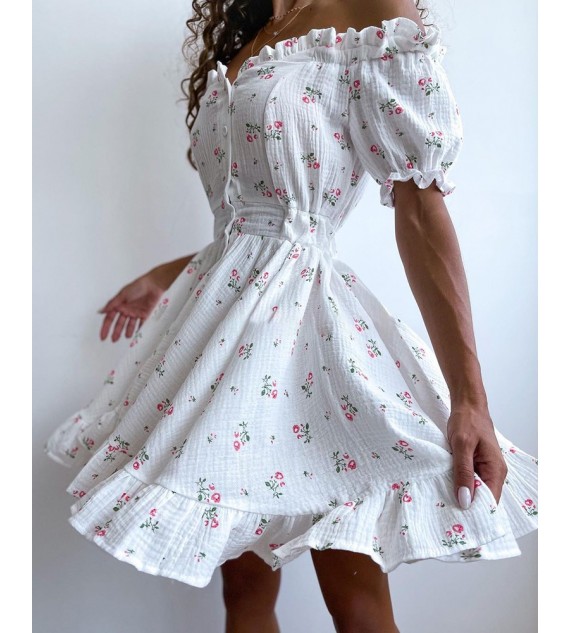 Off Shoulder Frill Hem Ditsy Floral Print Dress