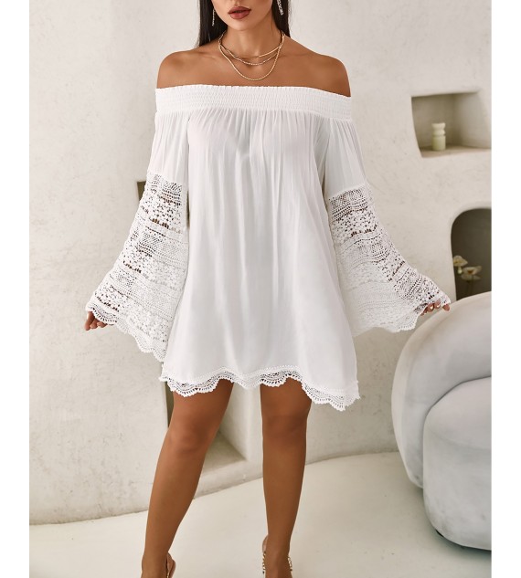 Scallop Lace Trim Bell Sleeve Casual Dress