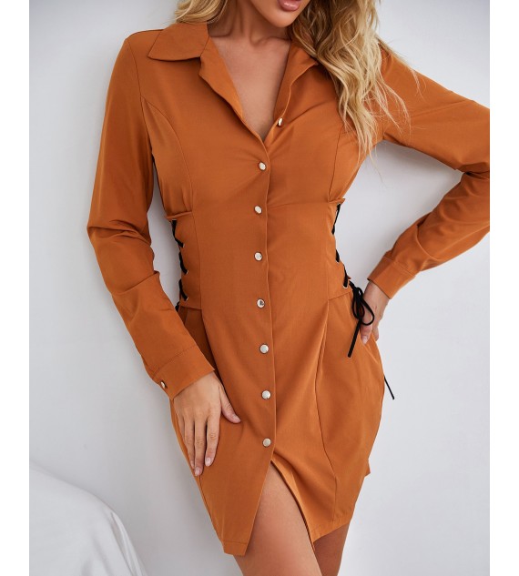 Eyelet Lace Up Button Design Shirt Dress