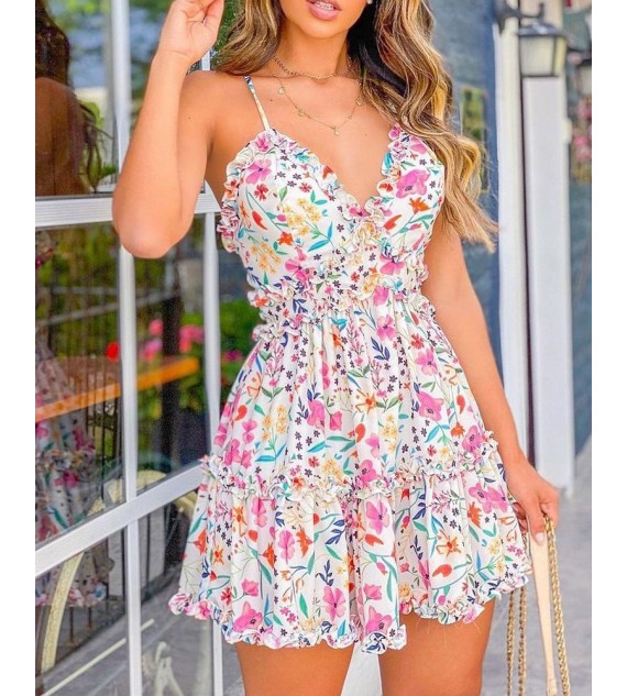 Spaghetti Strap Floral Print Frill Hem Dress