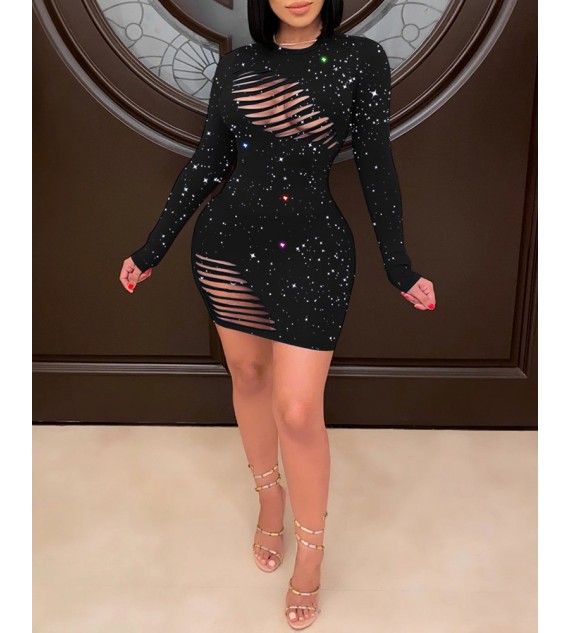 Ladder Cutout Glitter Long Sleeve Bodycon Women Dress