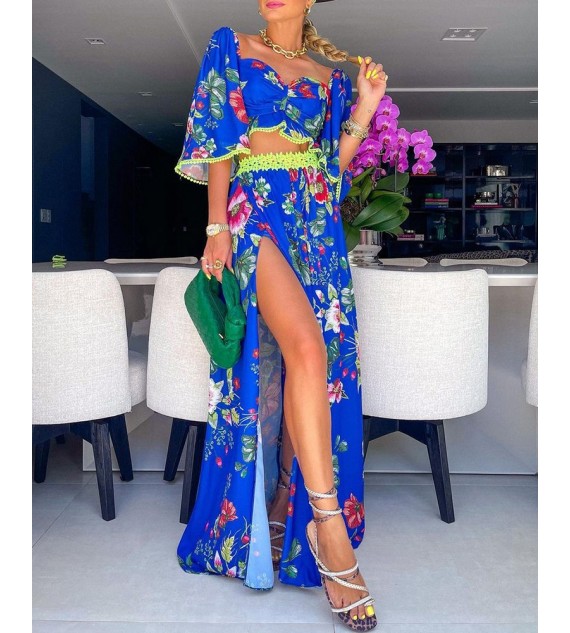 Floral Print Lace Patch Top & Slit Skirt Set