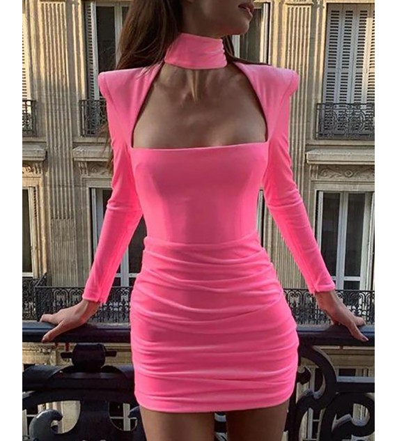 Padded Shoulder Cutout Ruched Bodycon Dress