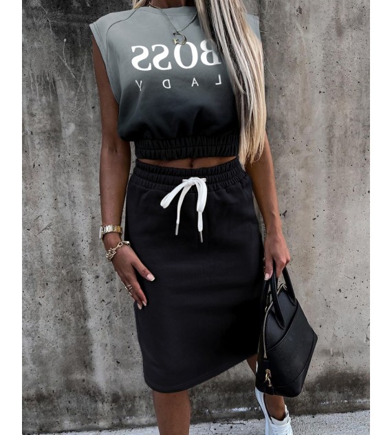 Two Piece Skirts Suits Elegant Gradient Color Letter Print  Sleeveless Top & Drawstring Skirt Set