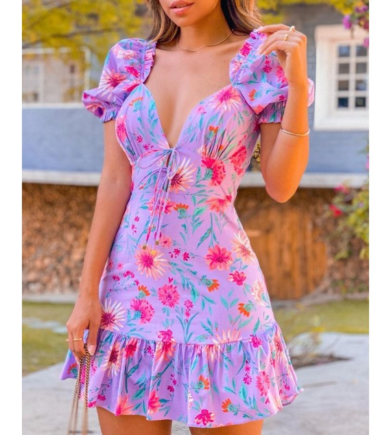 Puff Sleeve Floral Print Tie Front Ruched Dress